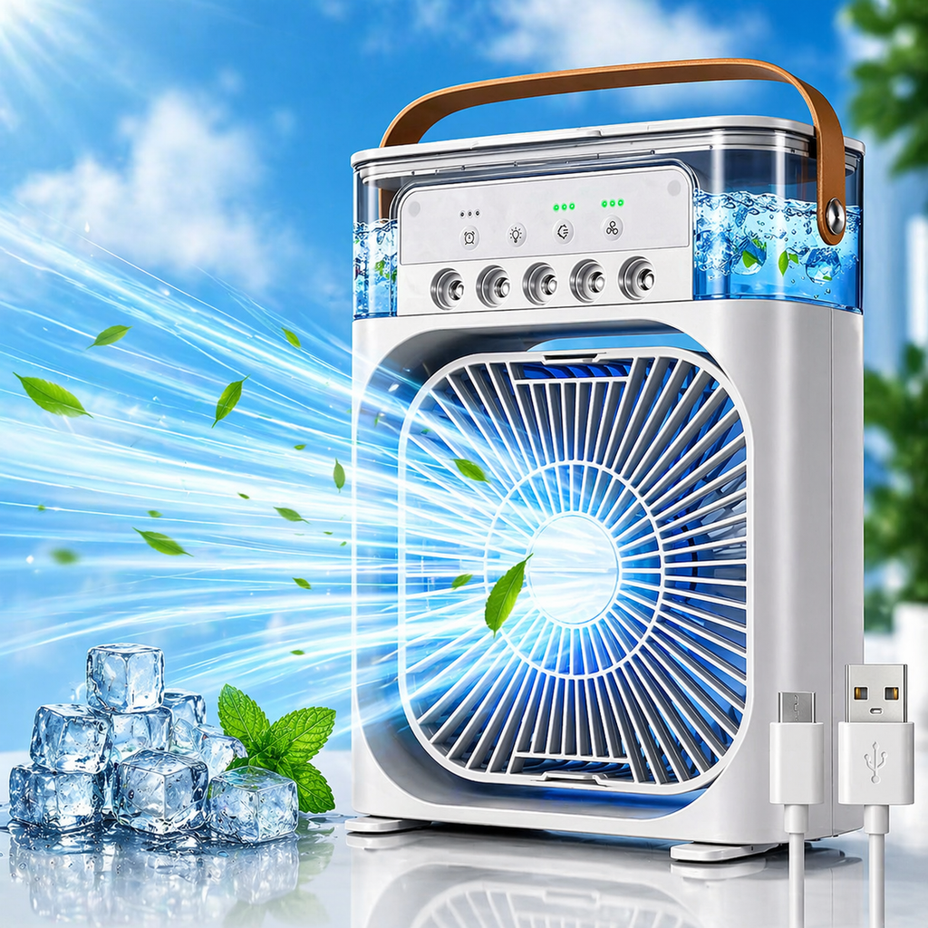 PORTABLE AIR COOLER FAN – USB MINI AC WITH MIST COOLING & QUIET OPERATION(RECHARGEABLE)