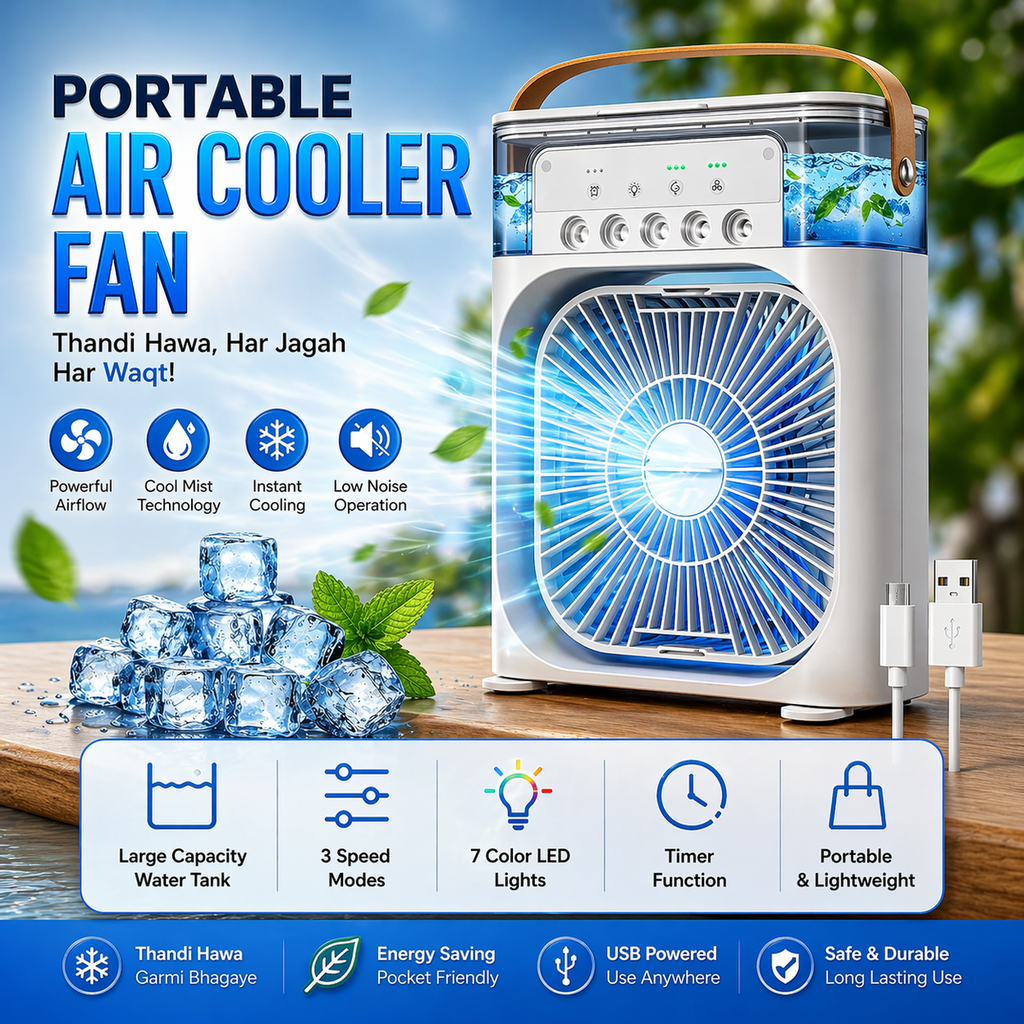PORTABLE AIR COOLER FAN – USB MINI AC WITH MIST COOLING & QUIET OPERATION(RECHARGEABLE)